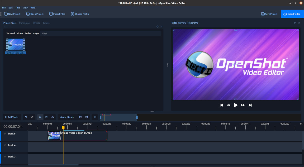 Official OpenShot interface showing media files, a preview monitor, and a multitrack timeline